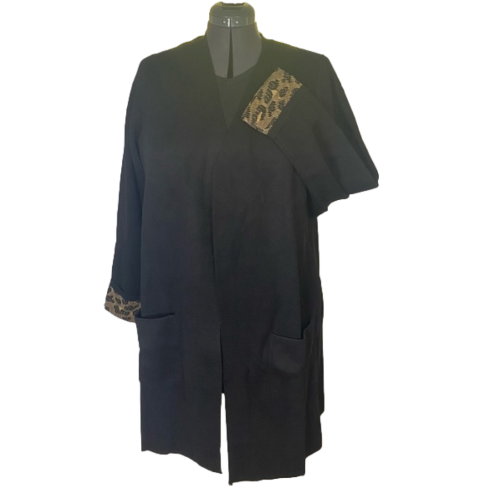 Avenue Open Front Black Cardigan Sweater with Leopard Cuffs SKU0618